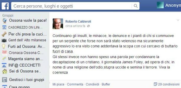 Roberto Calderoli su facebook
