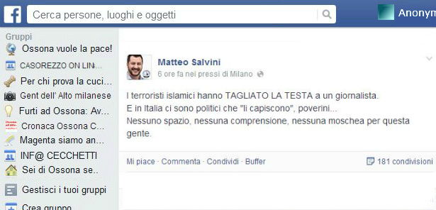 Facebook, Matteo Salvini su James Foley e di Battista