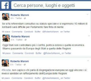 Scozia: Roberto Maroni esclama YES su Facebook 