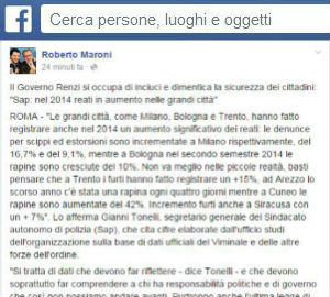 Roberto Maroni ha commentato su Facebook il rapporto 2014 sulla sicurezza del sindacato di polizia 
