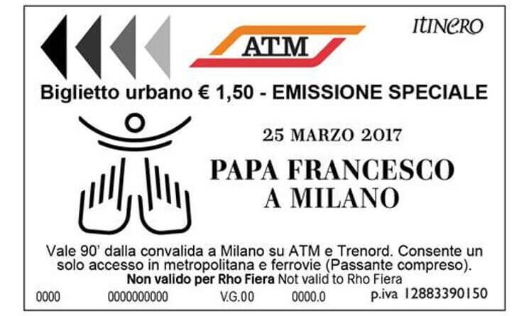 Il biglietto dell'Atm per la visita di Papa Francesco