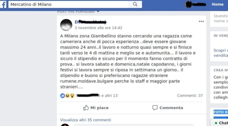 italia. Giambellino su Facebook. "Cercasi cameriere. No italiane. Non lavorano abbastanza". - 05/11/2018