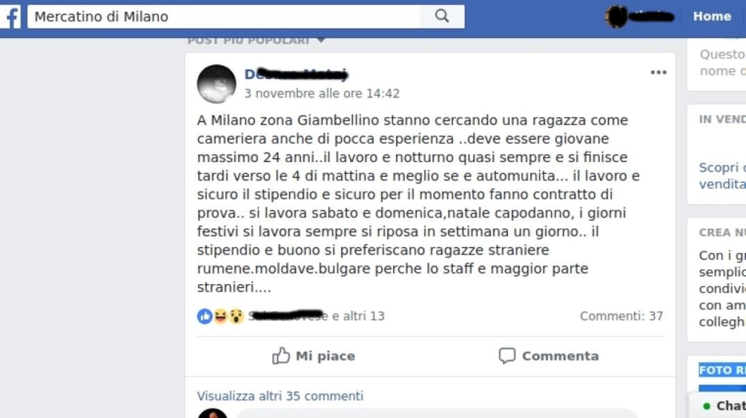 facebook. Giambellino su Facebook. "Cercasi cameriere. No italiane. Non lavorano abbastanza". - 05/11/2018