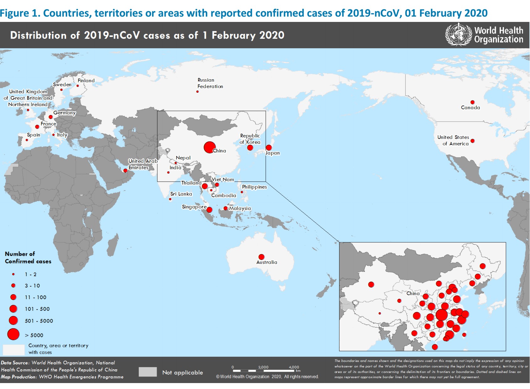 Cartina diffusa dal o.m.s. sui casi di coronavirus nel mondo al febbraio 2020