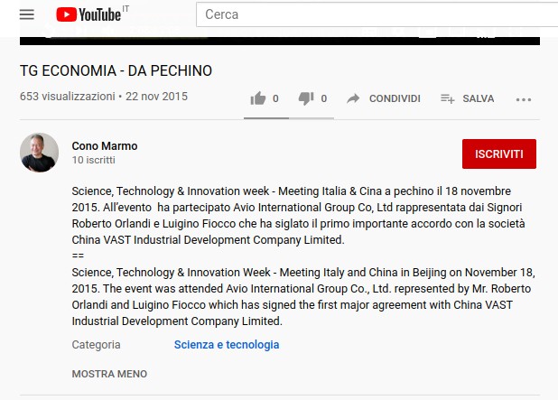 il nome di Luigino Fiocco è nella didascalia del video Il postato da cono marmo sugli accordi italocinesi