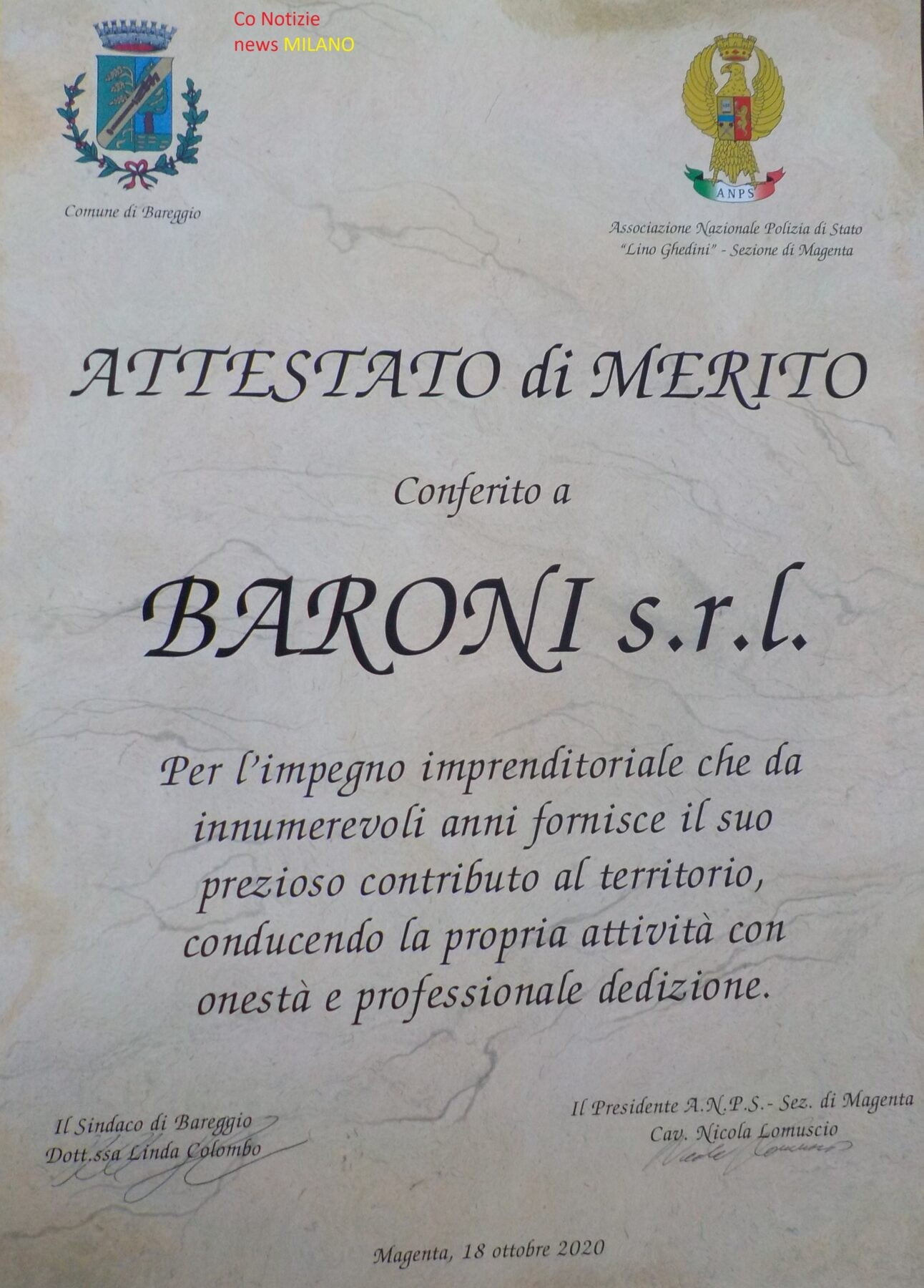 . Attestato di merito lavorativo imprenditoriale ad Ezio Baroni e ad Ettore Giubileo. A Bareggio - 20/10/2020