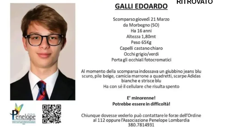 milano. Edoardo Galli ritrovato. Il 16enne stava tornando a casa - 29/03/2024