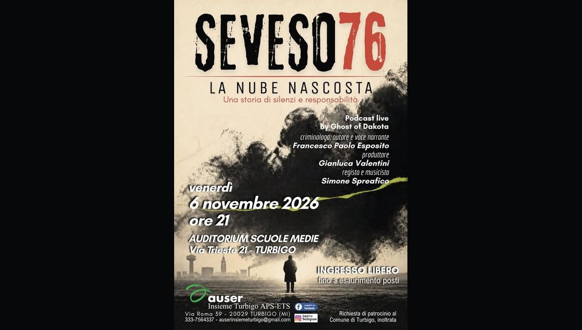 Locandina del podcast live Seveso 76 – La nube nascosta, a Turbigo il 6 novembre 2026